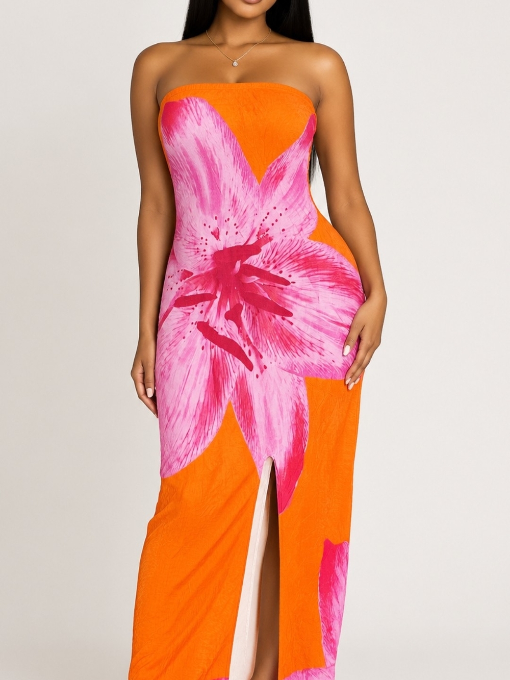 PrettyLittleThing Strapless Orange Maxi Dress with Pink Floral Motif